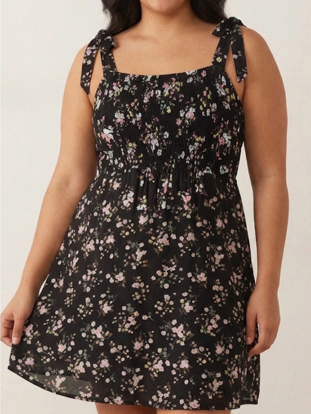 SO Cottagecore Ditsy Floral Smocked Tie Shoulder Mini Dress Large Boho Feminine